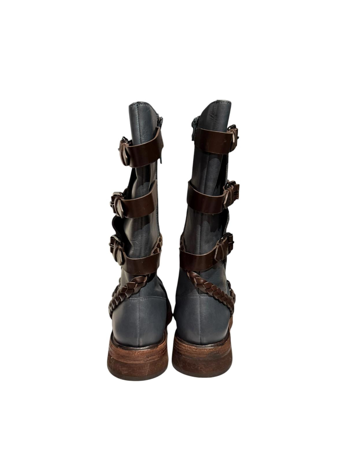 Free People Billie Buckle Blue Leather Mid-Calf Boots with Brown Braided Straps