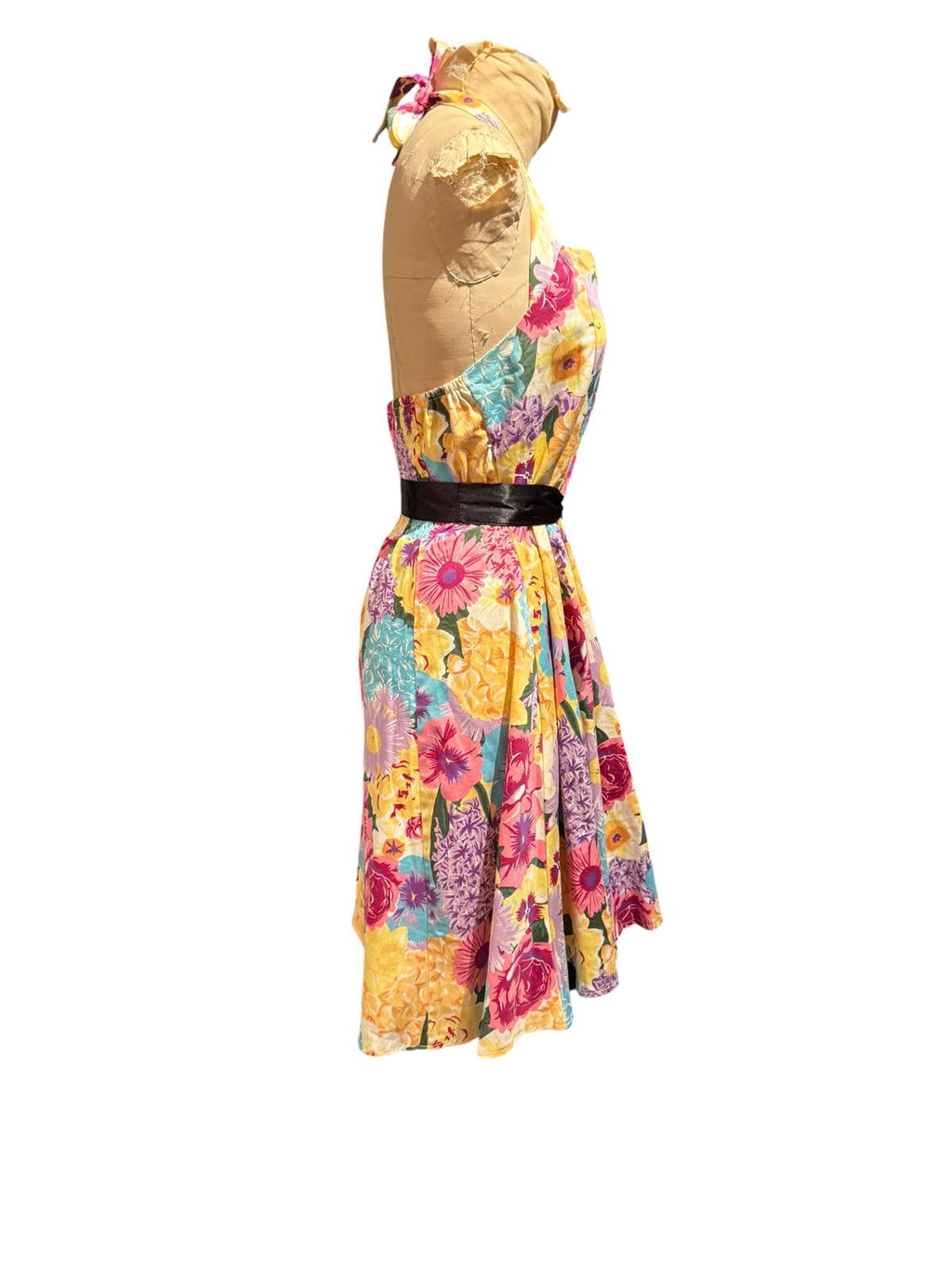 Floral Halter Neck Dress with Black Mesh Trim and Waist Tie