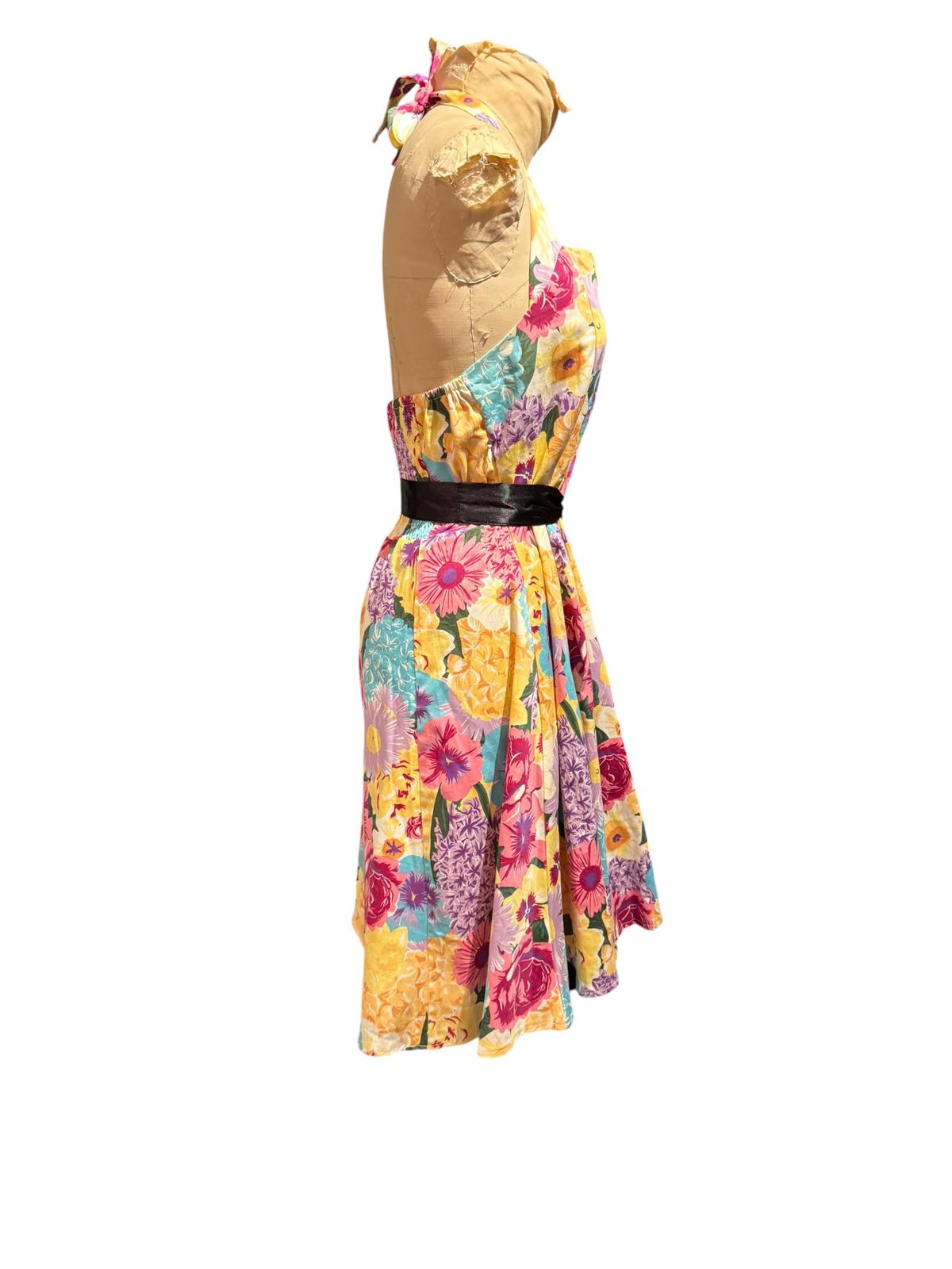 Floral Halter Neck Dress with Black Mesh Trim and Waist Tie