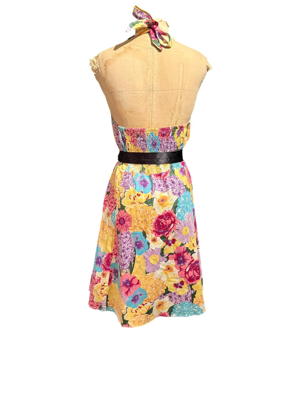 Floral Halter Neck Dress with Black Mesh Trim and Waist Tie