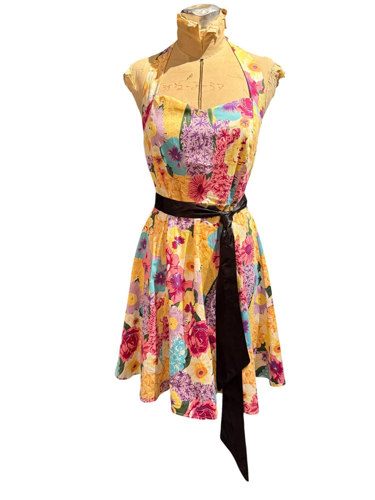 Floral Halter Neck Dress with Black Mesh Trim and Waist Tie
