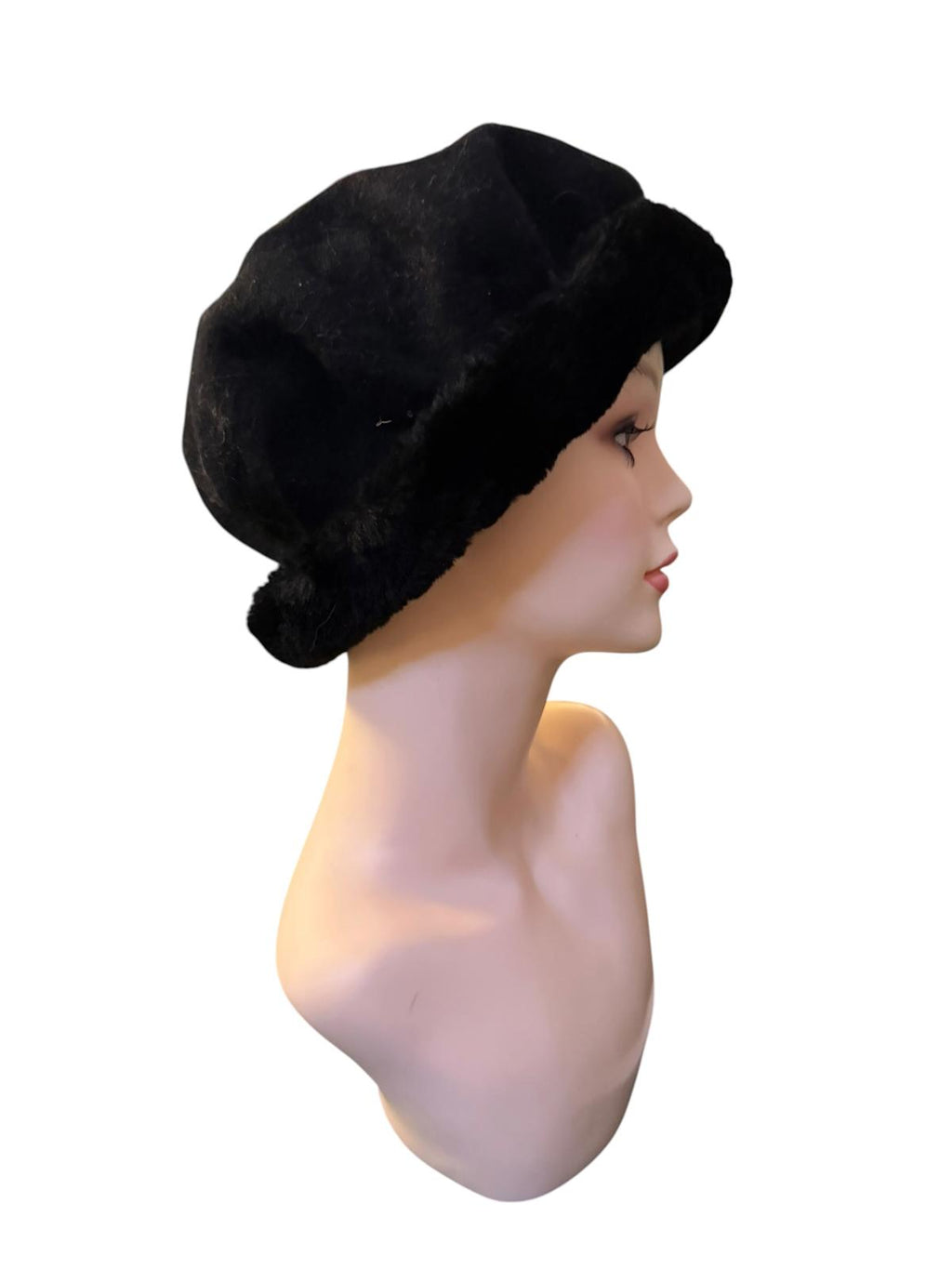 Black Faux Fur Trim Wool Beret Hat