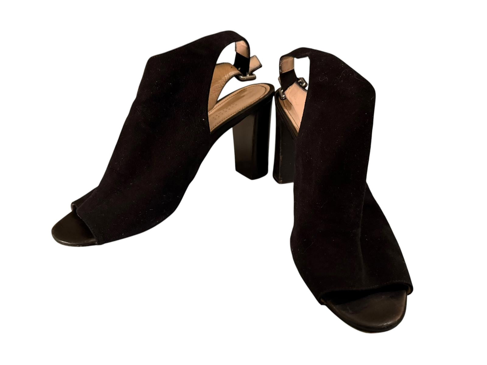Barneys New York Suede Black Open Toe Slingback Block Heel Shoes
