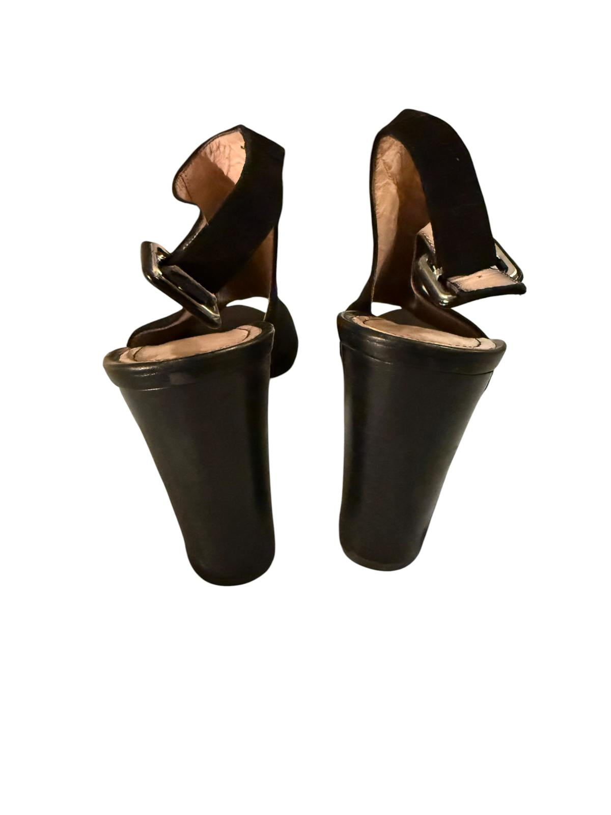 Barneys New York Suede Black Open Toe Slingback Block Heel Shoes