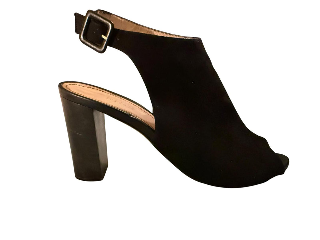 Barneys New York Suede Black Open Toe Slingback Block Heel Shoes