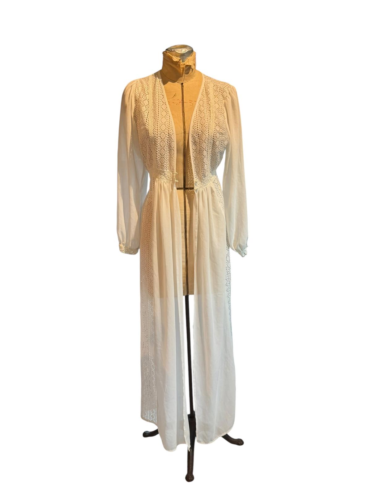 Forever 21 Vintage Long White Lace Robe Dress Cover-up with Sheer Sleeves