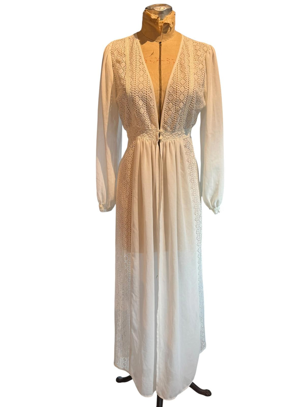 Forever 21 Vintage Long White Lace Robe Dress Cover-up with Sheer Sleeves