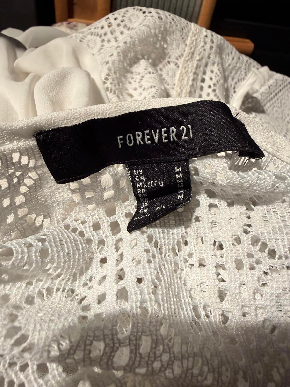 Forever 21 Vintage Long White Lace Robe Dress Cover-up with Sheer Sleeves