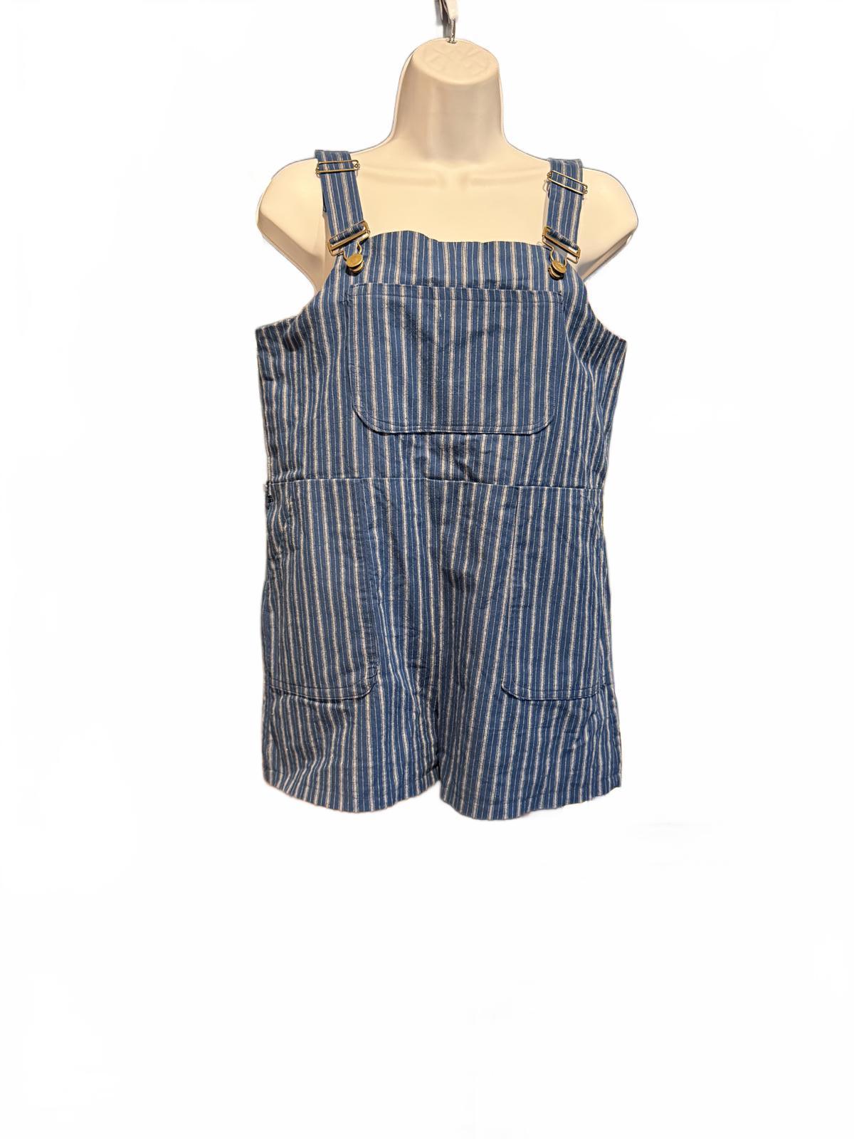 Blue and White Striped Denim Overall Shorts