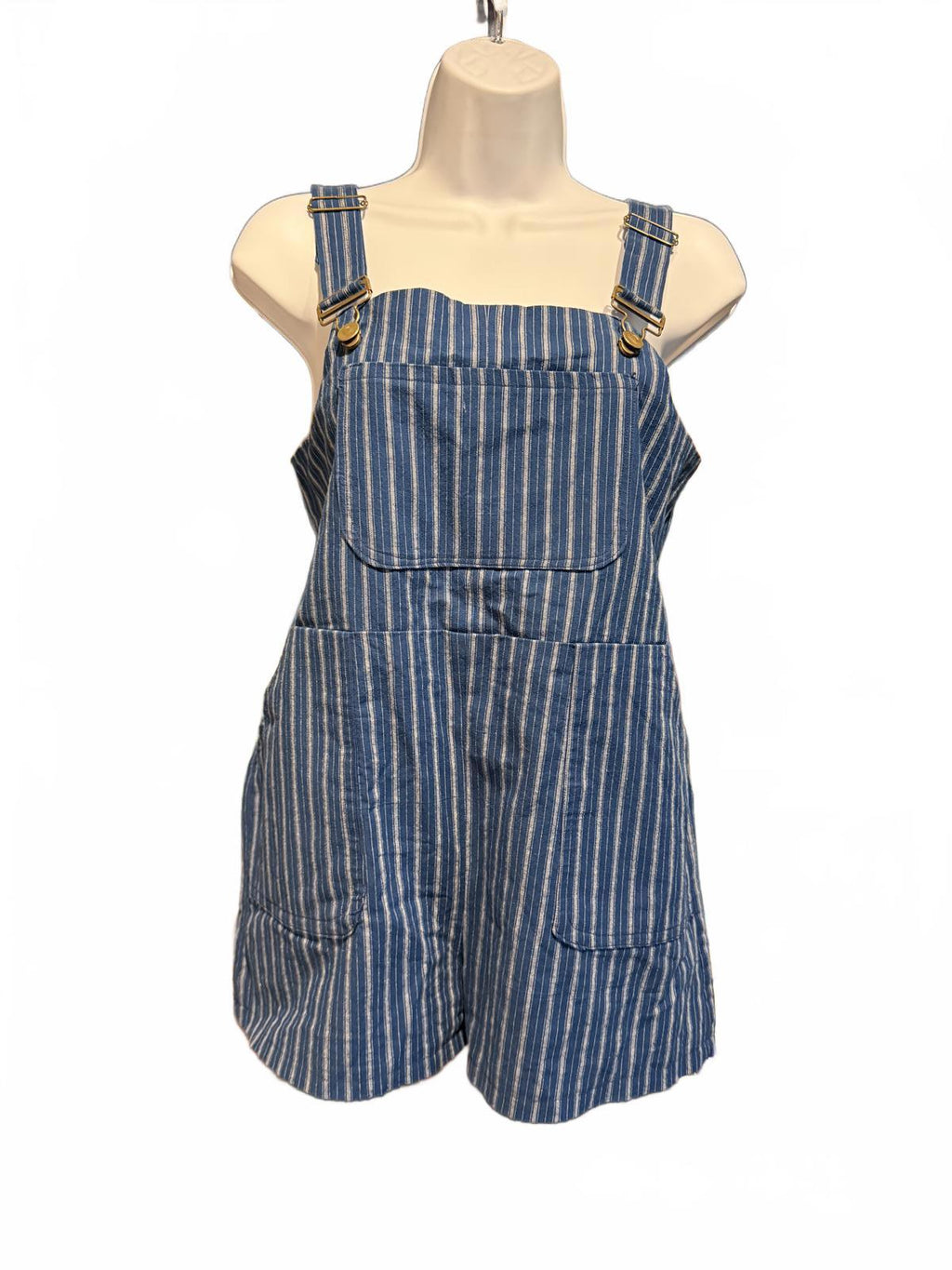 Blue and White Striped Denim Overall Shorts