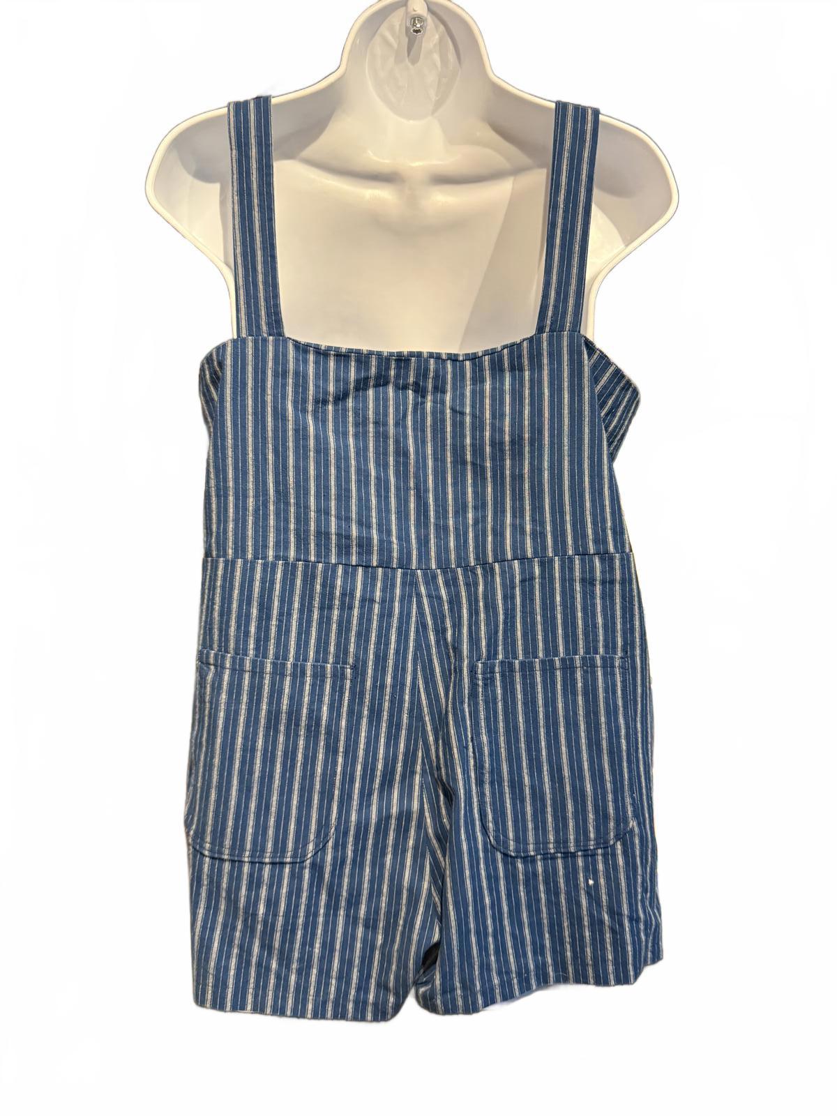 Blue and White Striped Denim Overall Shorts
