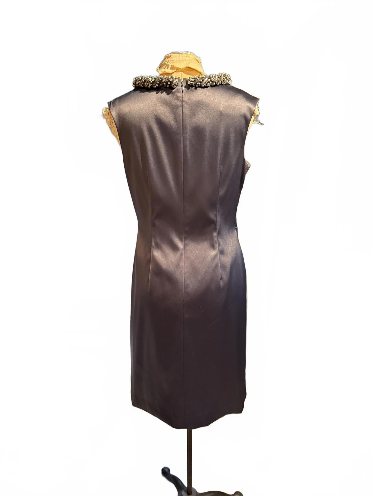 Eliza J. Elegant Sleeveless Satin Dress with Embellished Collar