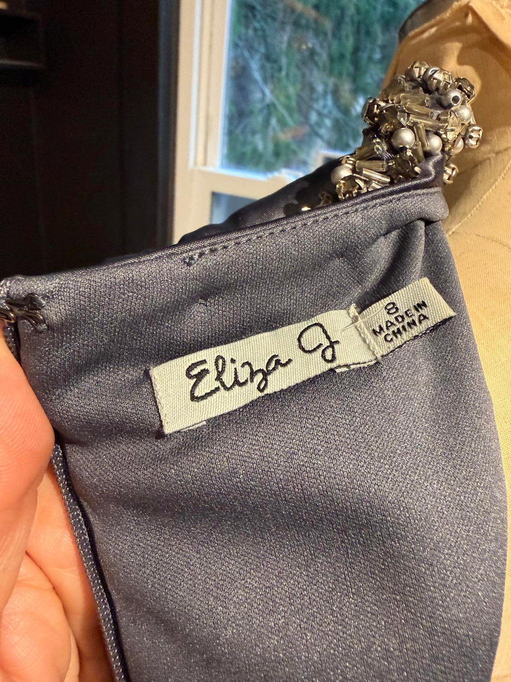 Eliza J. Elegant Sleeveless Satin Dress with Embellished Collar