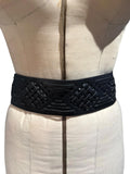 Black Elastic Waist Belt with Woven Faux Leather Detail