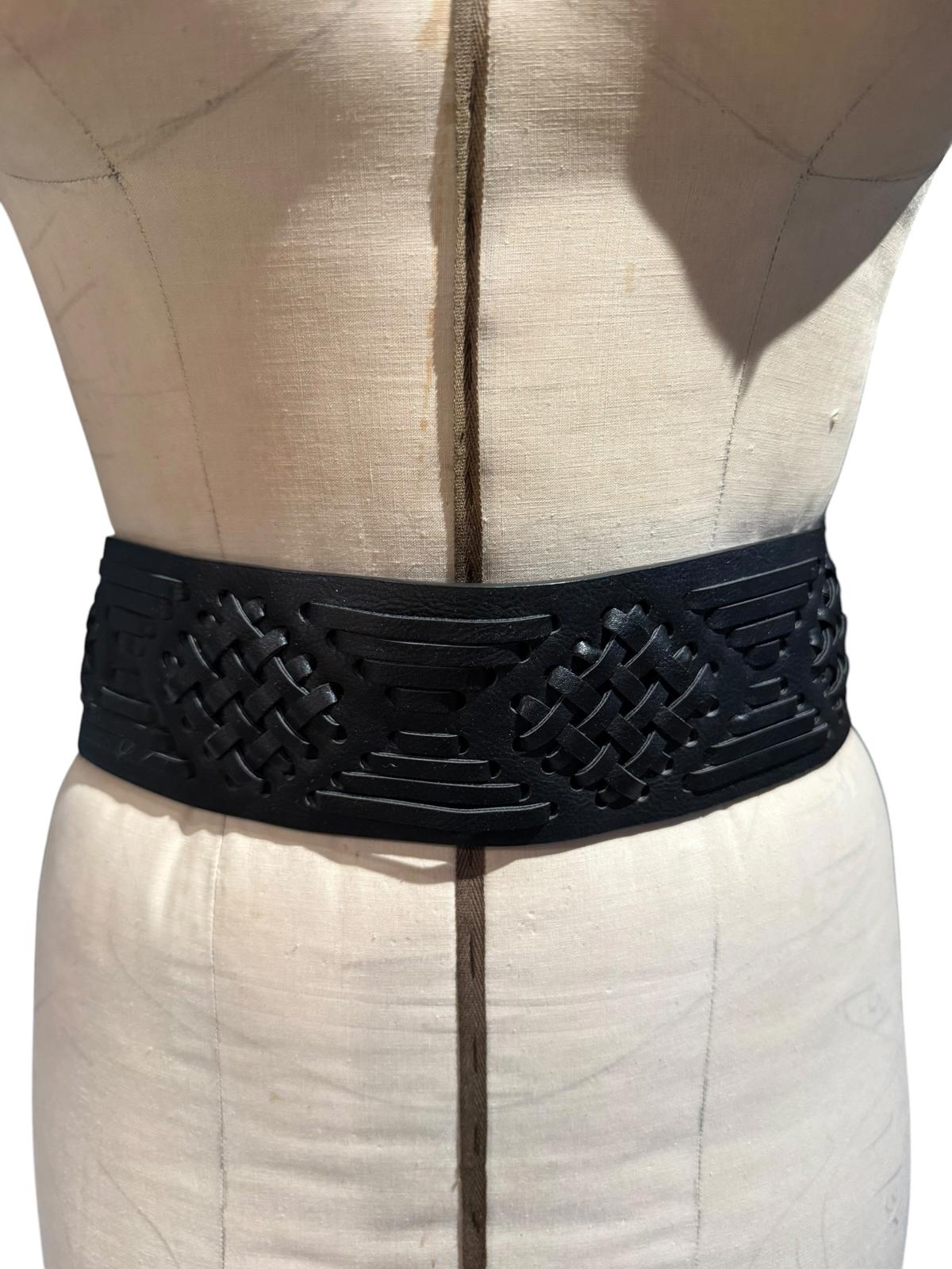 Black Elastic Waist Belt with Woven Faux Leather Detail