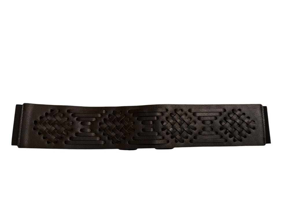 Black Elastic Waist Belt with Woven Faux Leather Detail