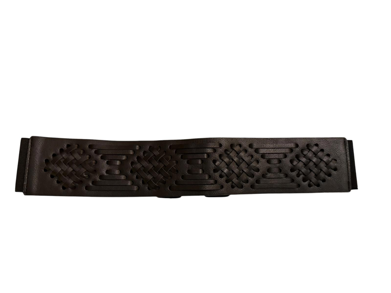 Black Elastic Waist Belt with Woven Faux Leather Detail