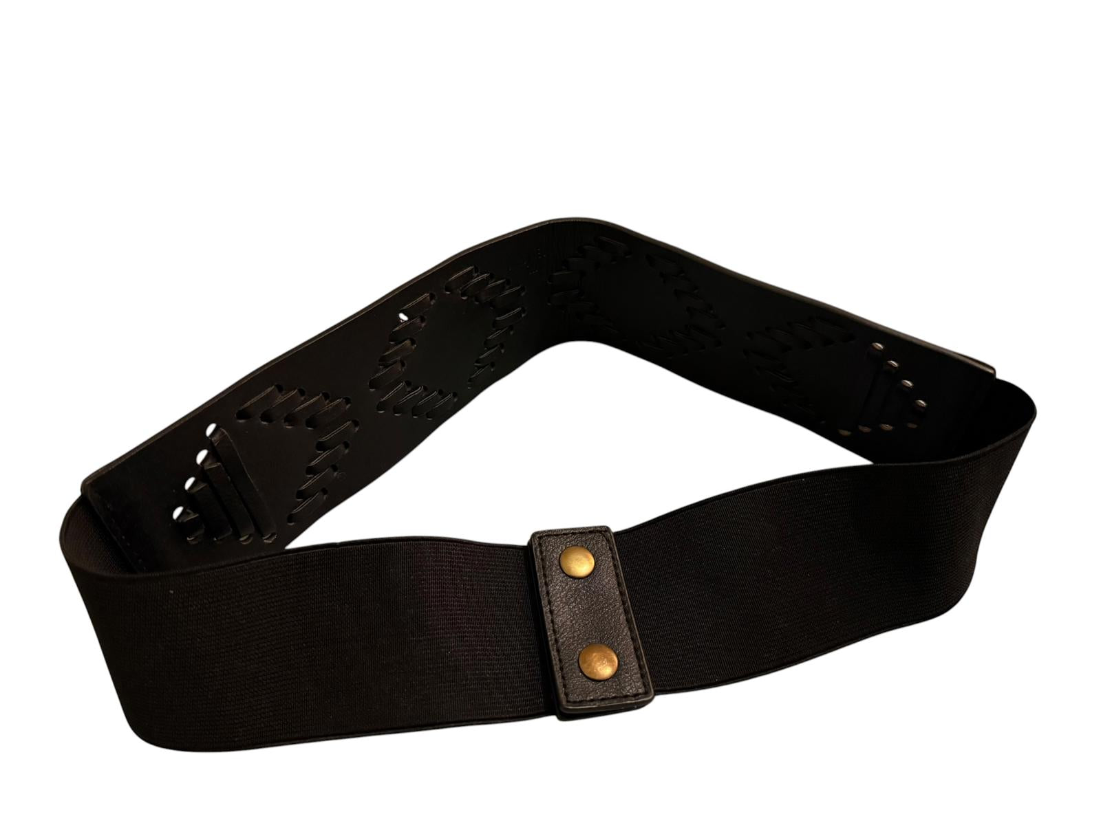 Black Elastic Waist Belt with Woven Faux Leather Detail