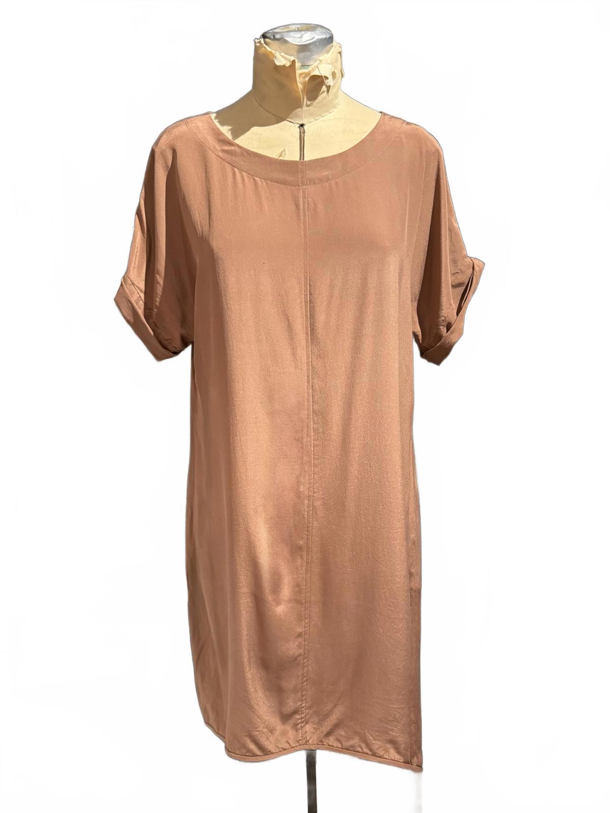 Everlane 100% Silk Brown Casual Shift Dress with Rolled Sleeves