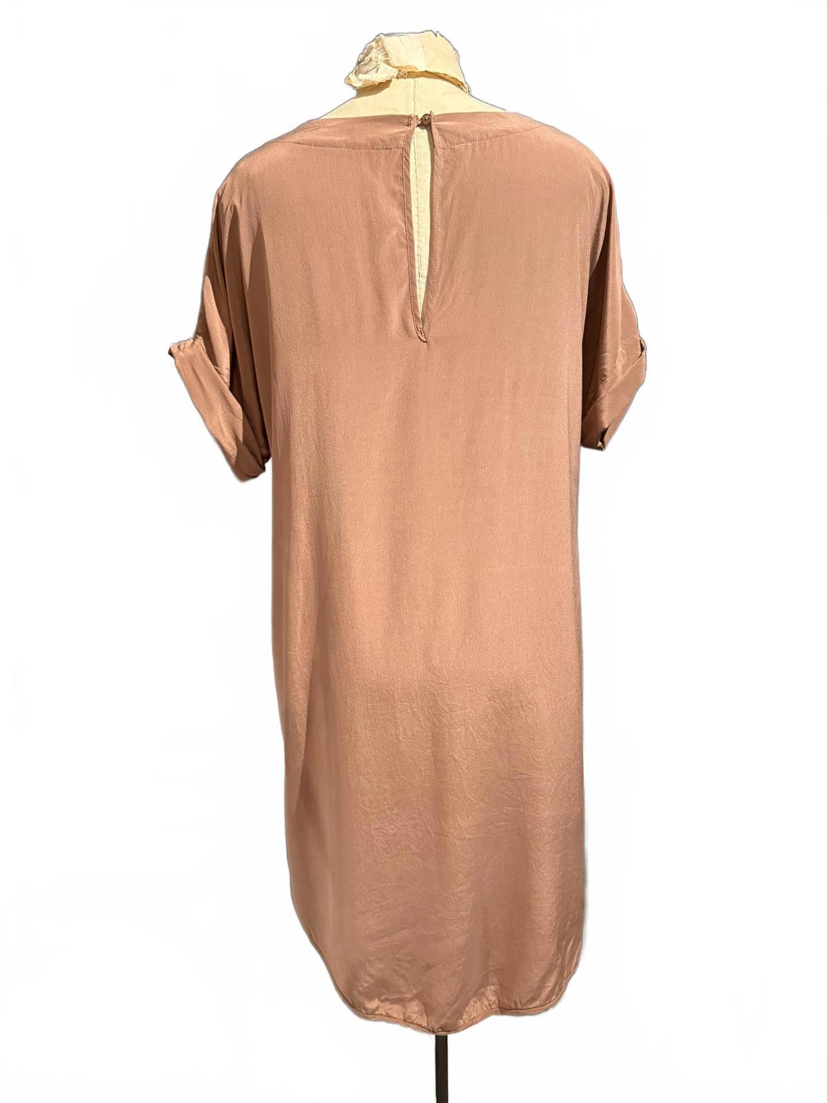 Everlane 100% Silk Brown Casual Shift Dress with Rolled Sleeves