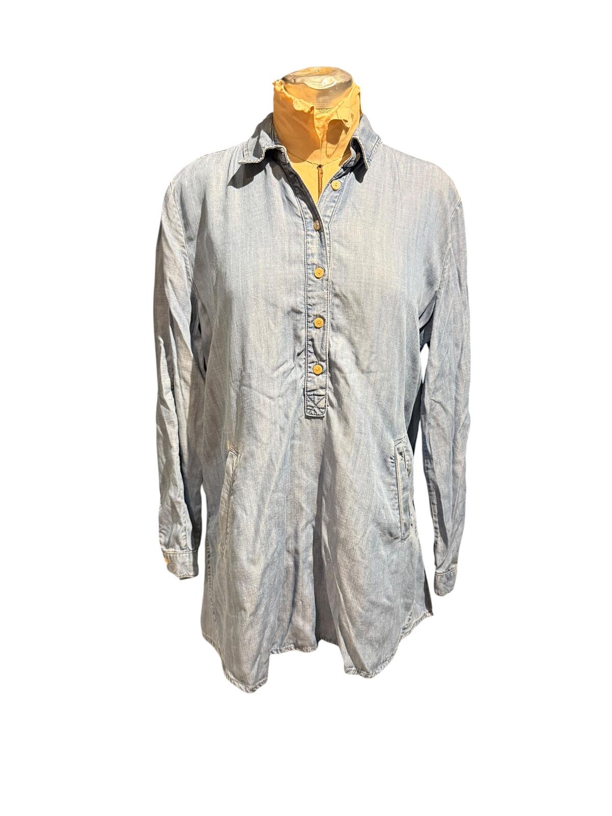 Joan Vass Light Blue Chambray Denim Long Sleeve Tunic Shirt Dress