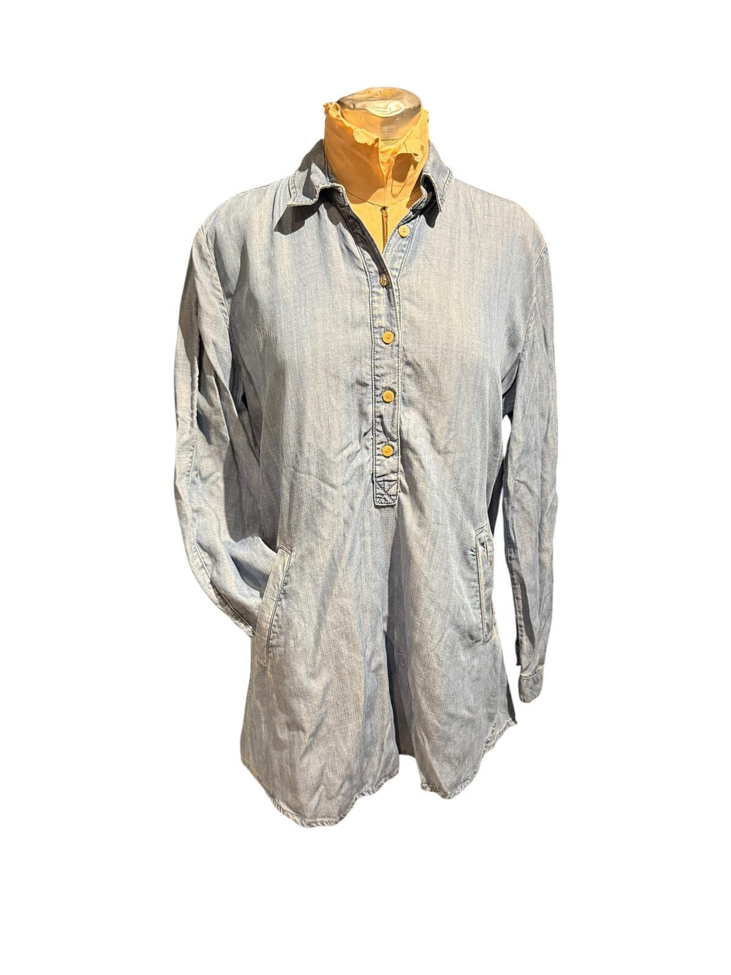 Joan Vass Light Blue Chambray Denim Long Sleeve Tunic Shirt Dress