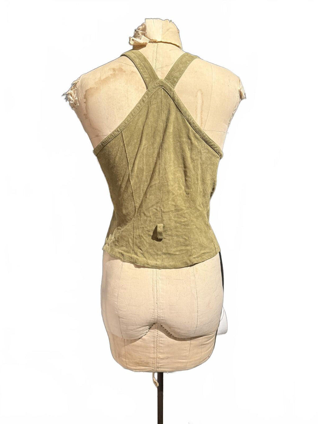 Marc Cain Vintage Olive Green Sueded Halter Vest with Front Zipper
