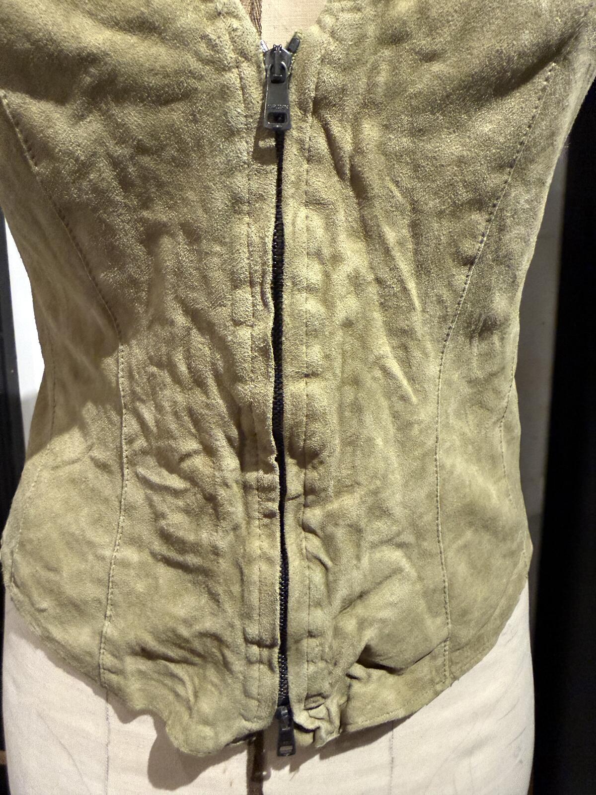 Marc Cain Vintage Olive Green Sueded Halter Vest with Front Zipper