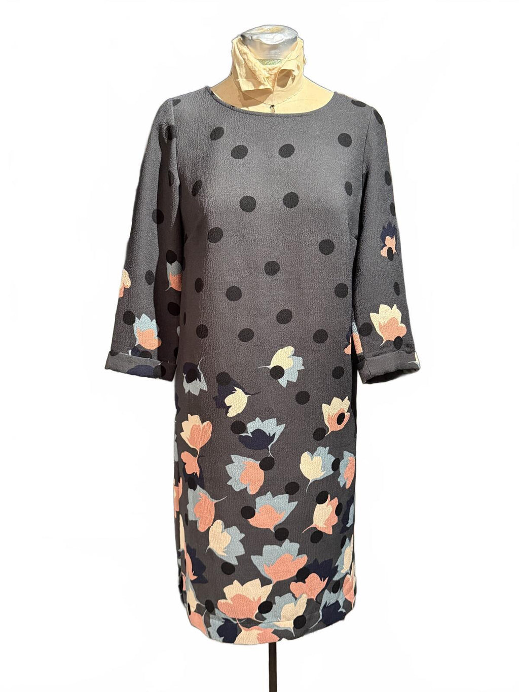 Boden Gray Floral and Polka Dot Midi Dress with 3/4 Sleeves