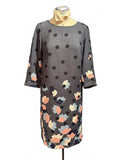 Boden Gray Floral and Polka Dot Midi Dress with 3/4 Sleeves
