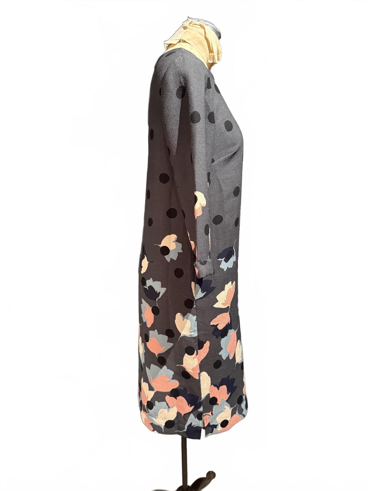Boden Gray Floral and Polka Dot Midi Dress with 3/4 Sleeves