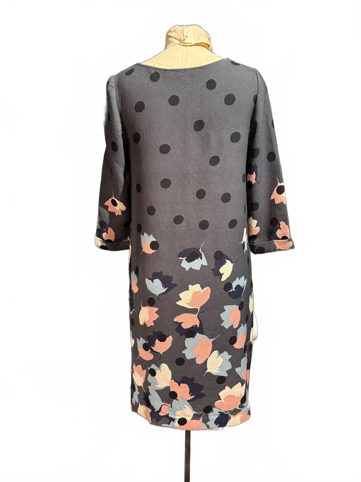 Boden Gray Floral and Polka Dot Midi Dress with 3/4 Sleeves