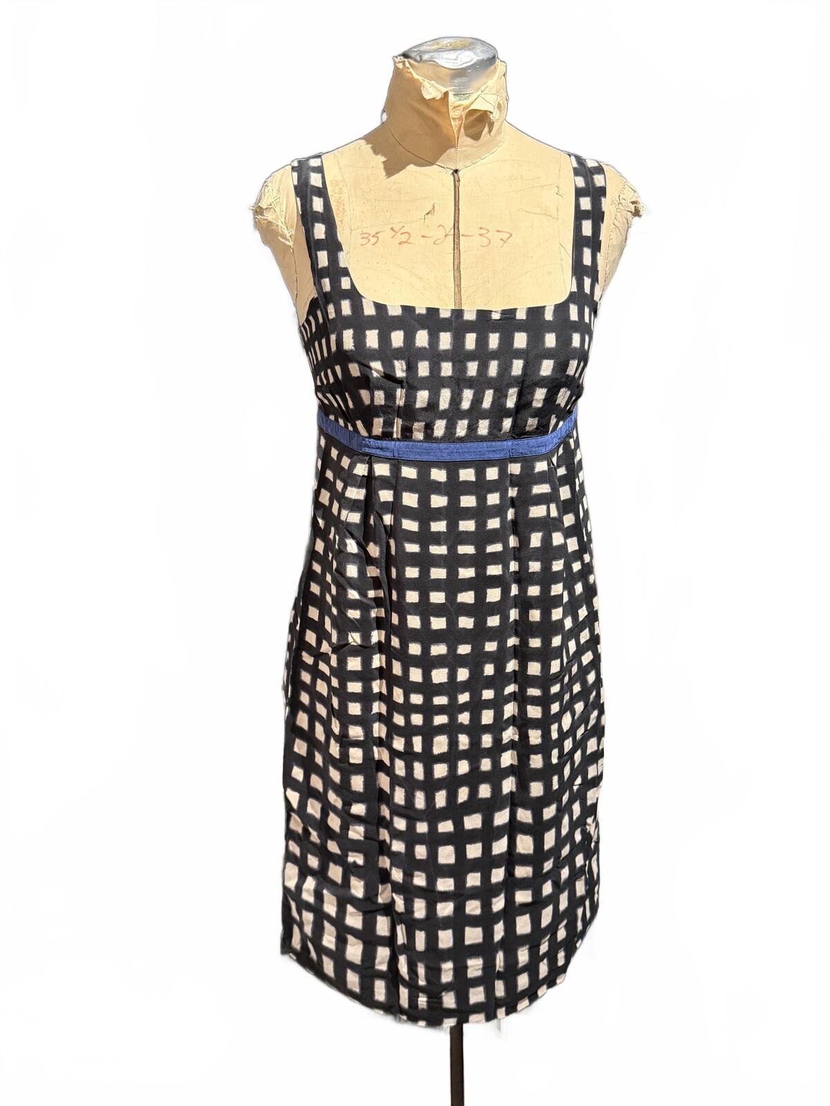 TOAST 100% Silk Black and White Checkered Sleeveless Dress with Blue Waist