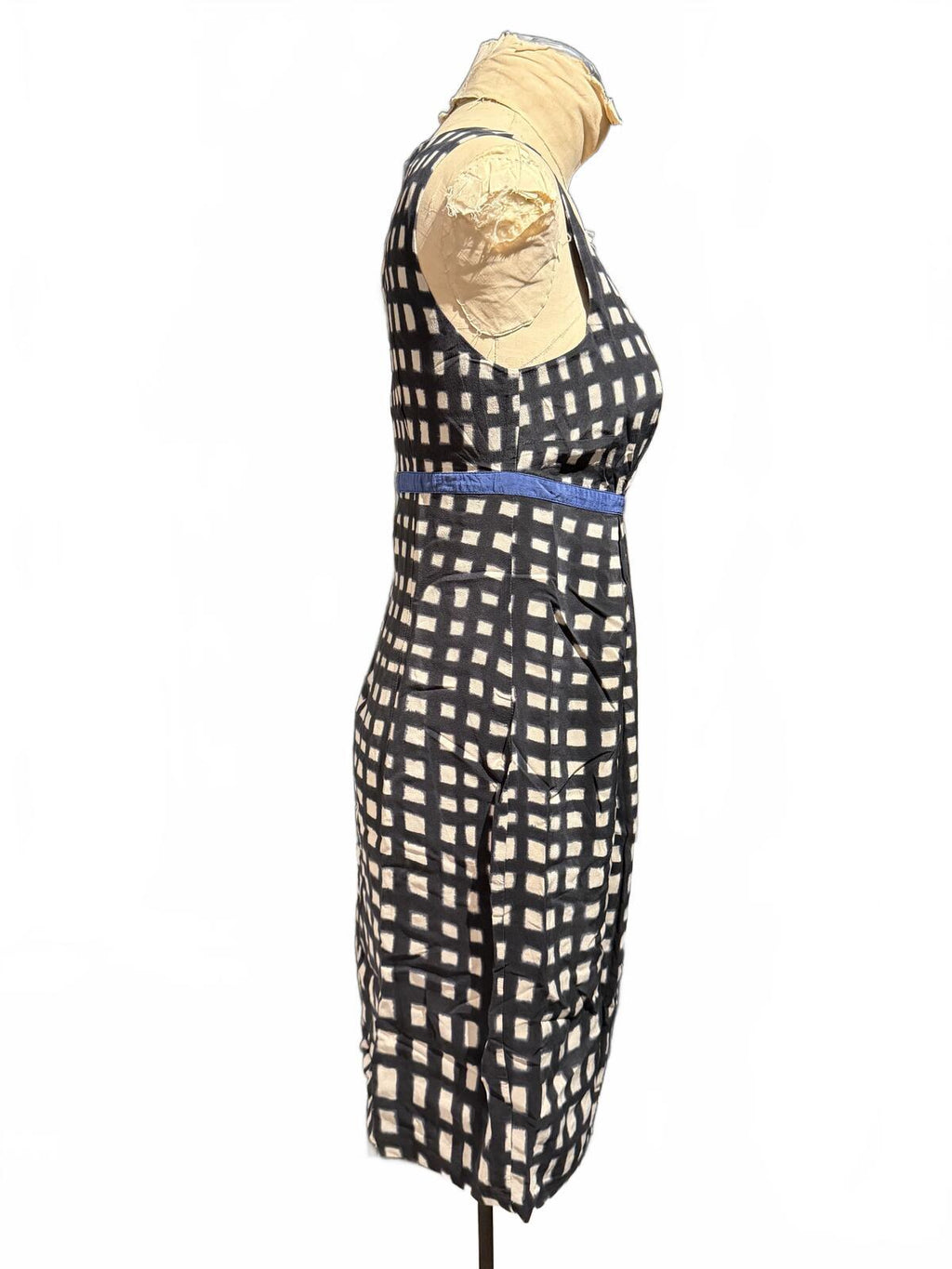 TOAST 100% Silk Black and White Checkered Sleeveless Dress with Blue Waist