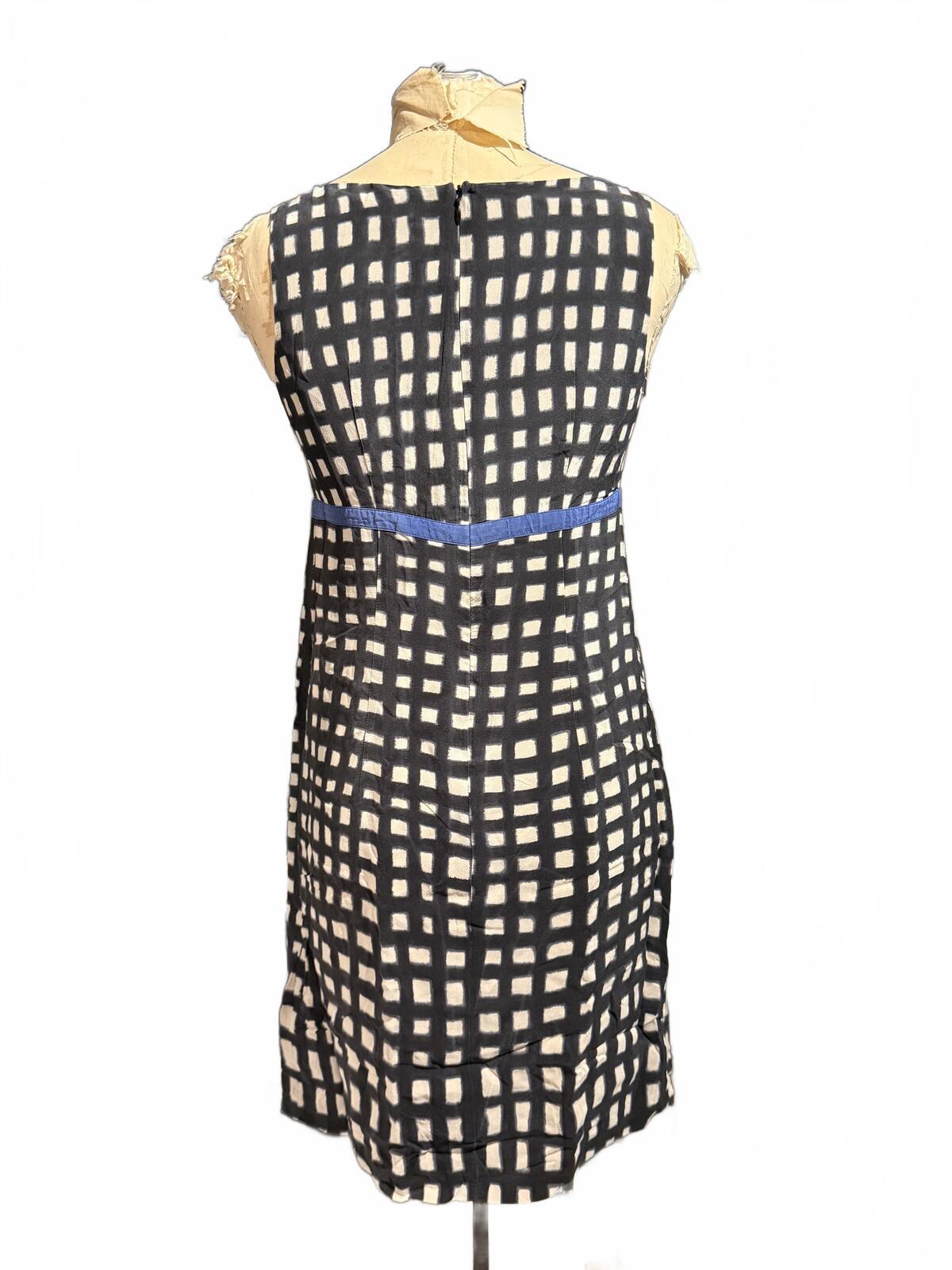 TOAST 100% Silk Black and White Checkered Sleeveless Dress with Blue Waist