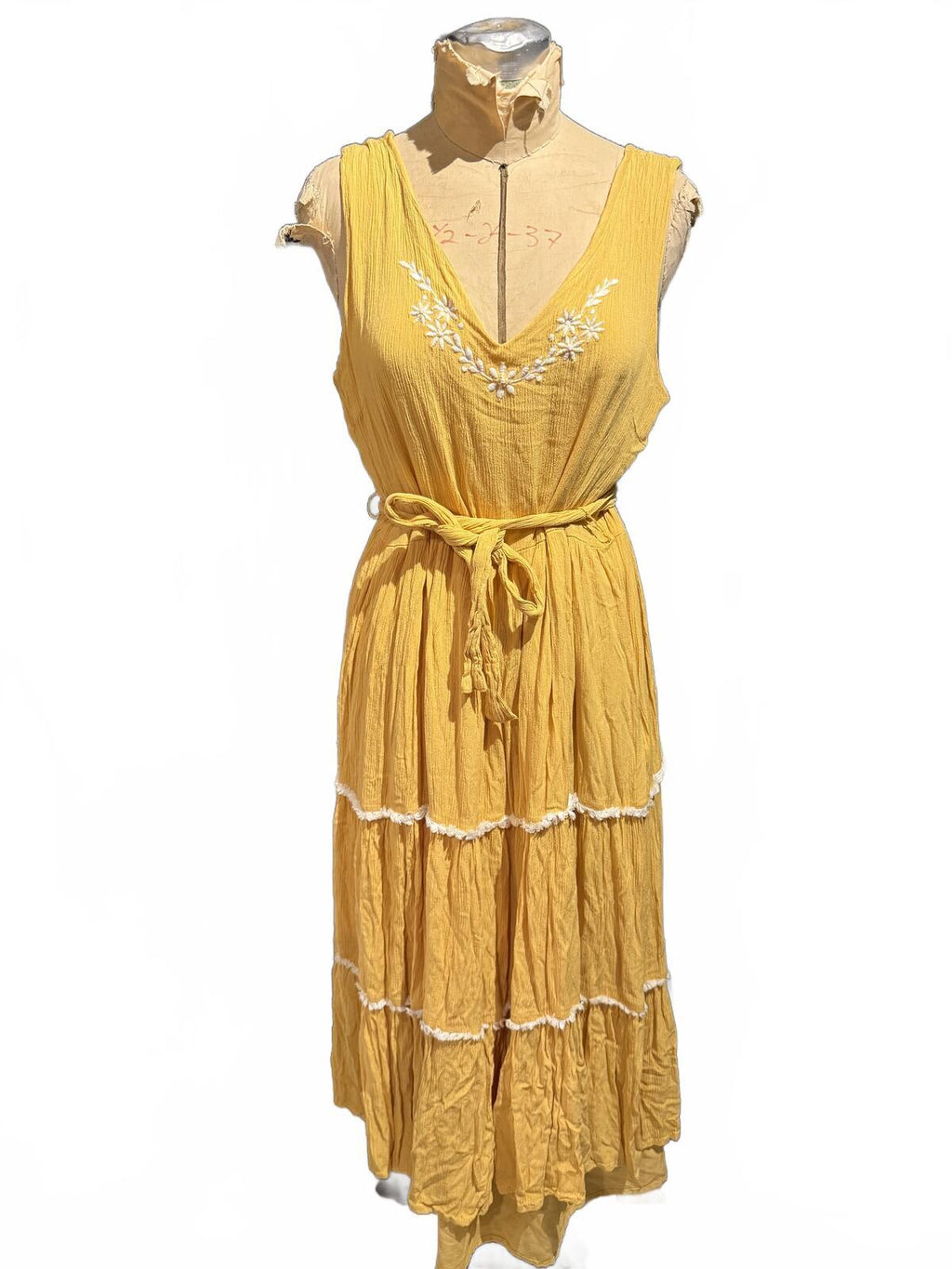 Joie Yellow Sleeveless Tiered Midi Dress with White Embroidery