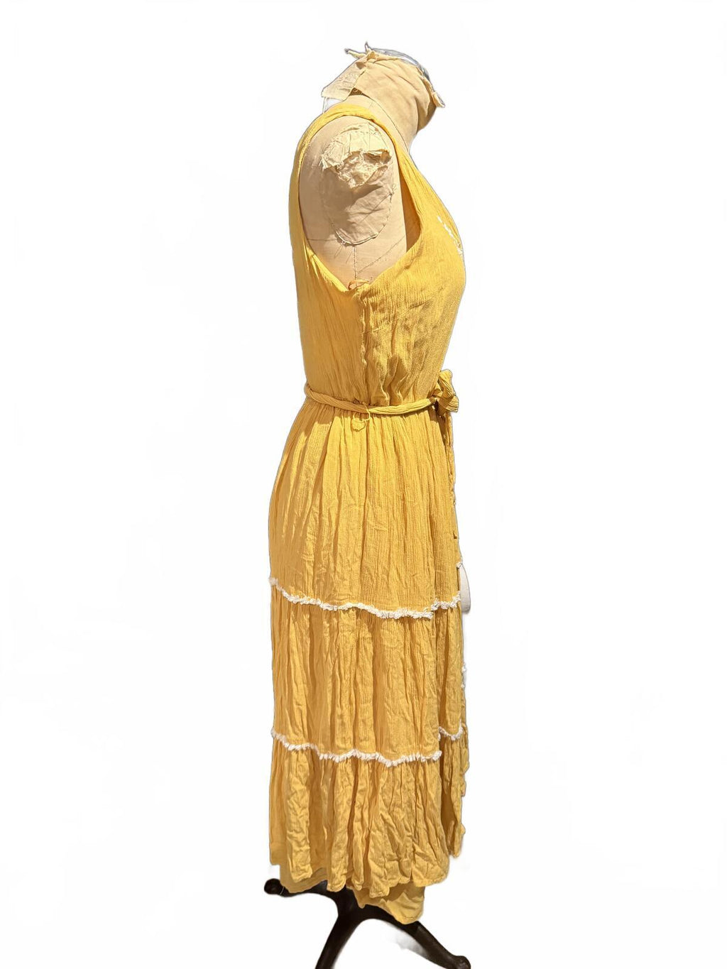 Joie Yellow Sleeveless Tiered Midi Dress with White Embroidery