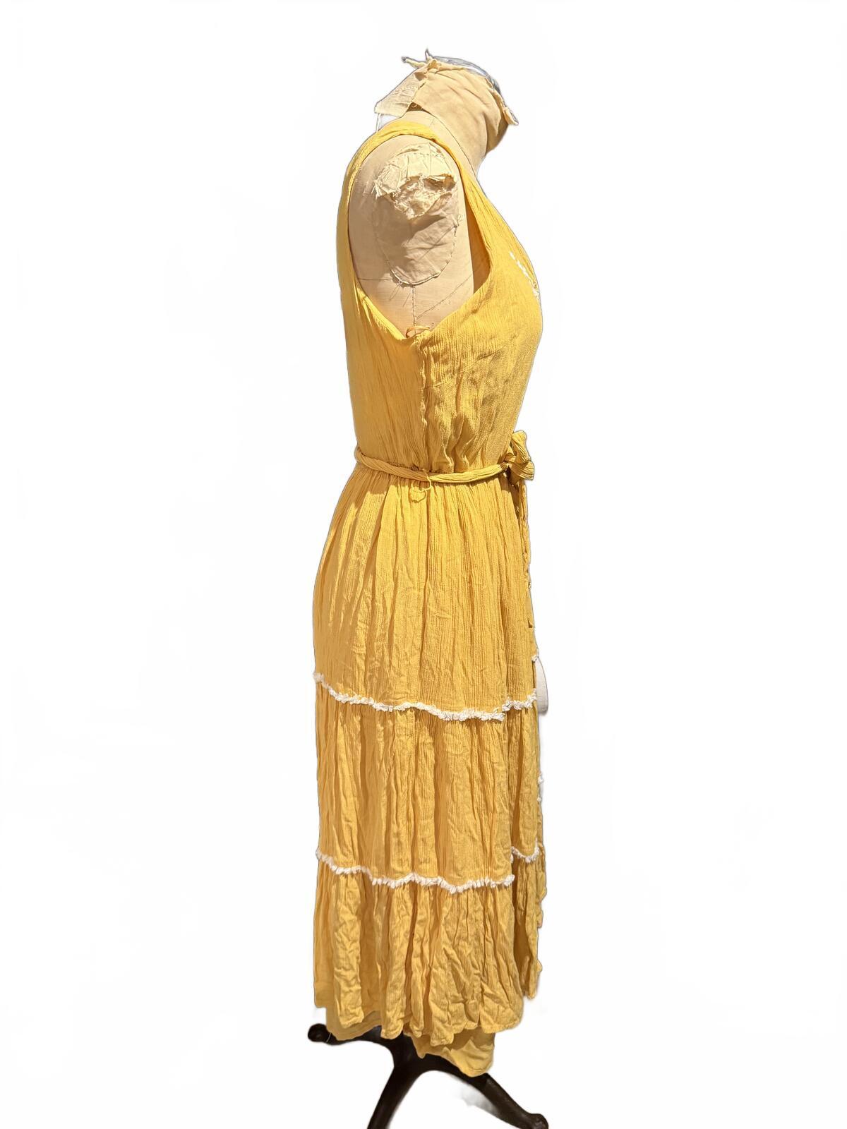 Joie Yellow Sleeveless Tiered Midi Dress with White Embroidery