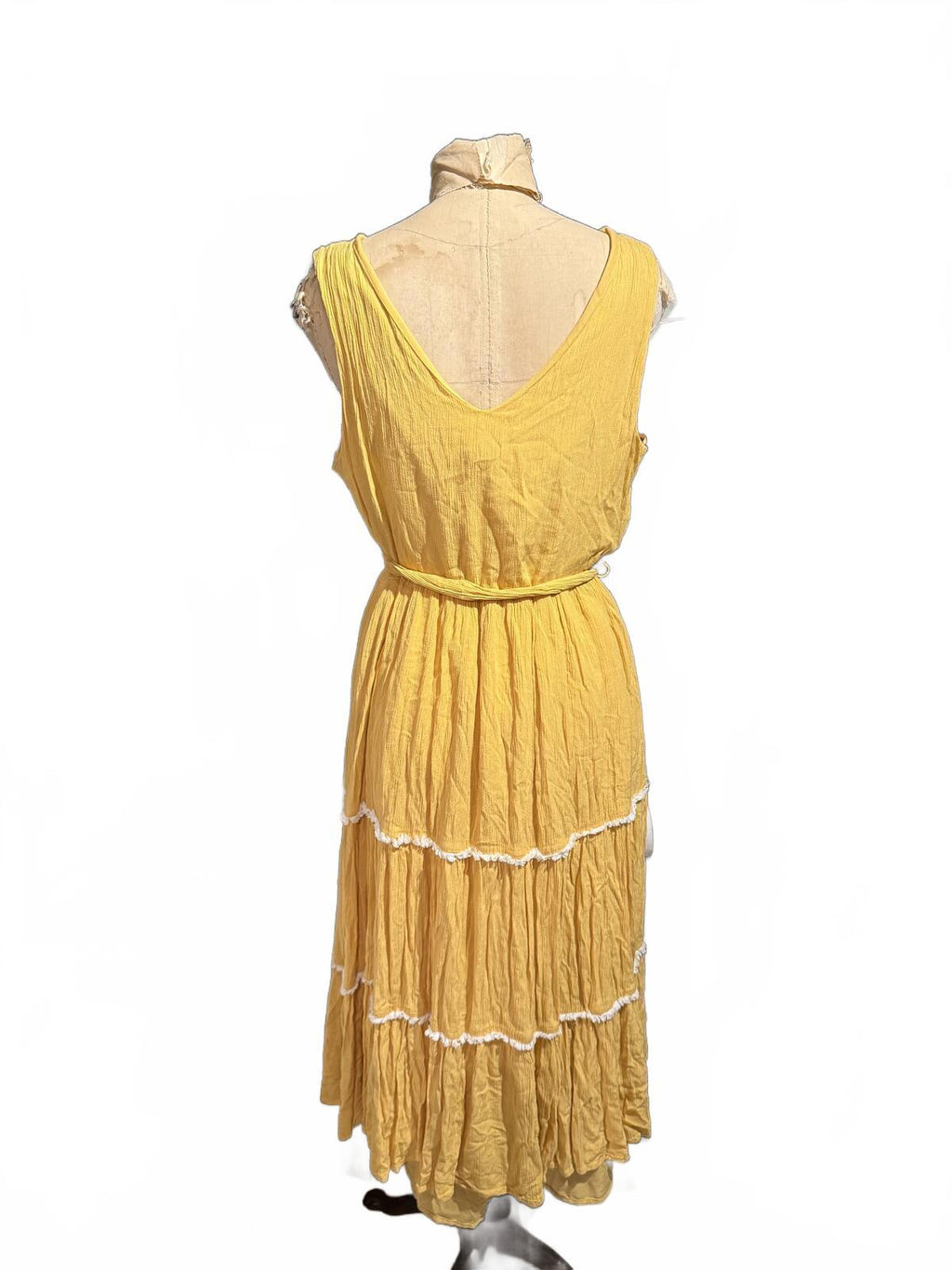 Joie Yellow Sleeveless Tiered Midi Dress with White Embroidery
