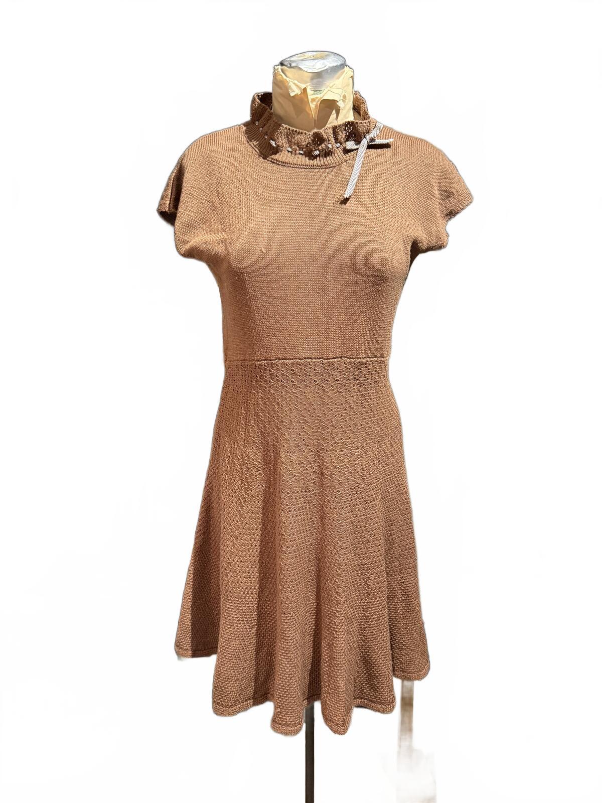 Rinascimento Brown Short Sleeve Knit Dress with Ruffled Collar