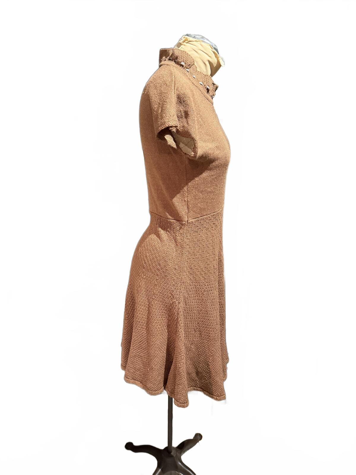 Rinascimento Brown Short Sleeve Knit Dress with Ruffled Collar