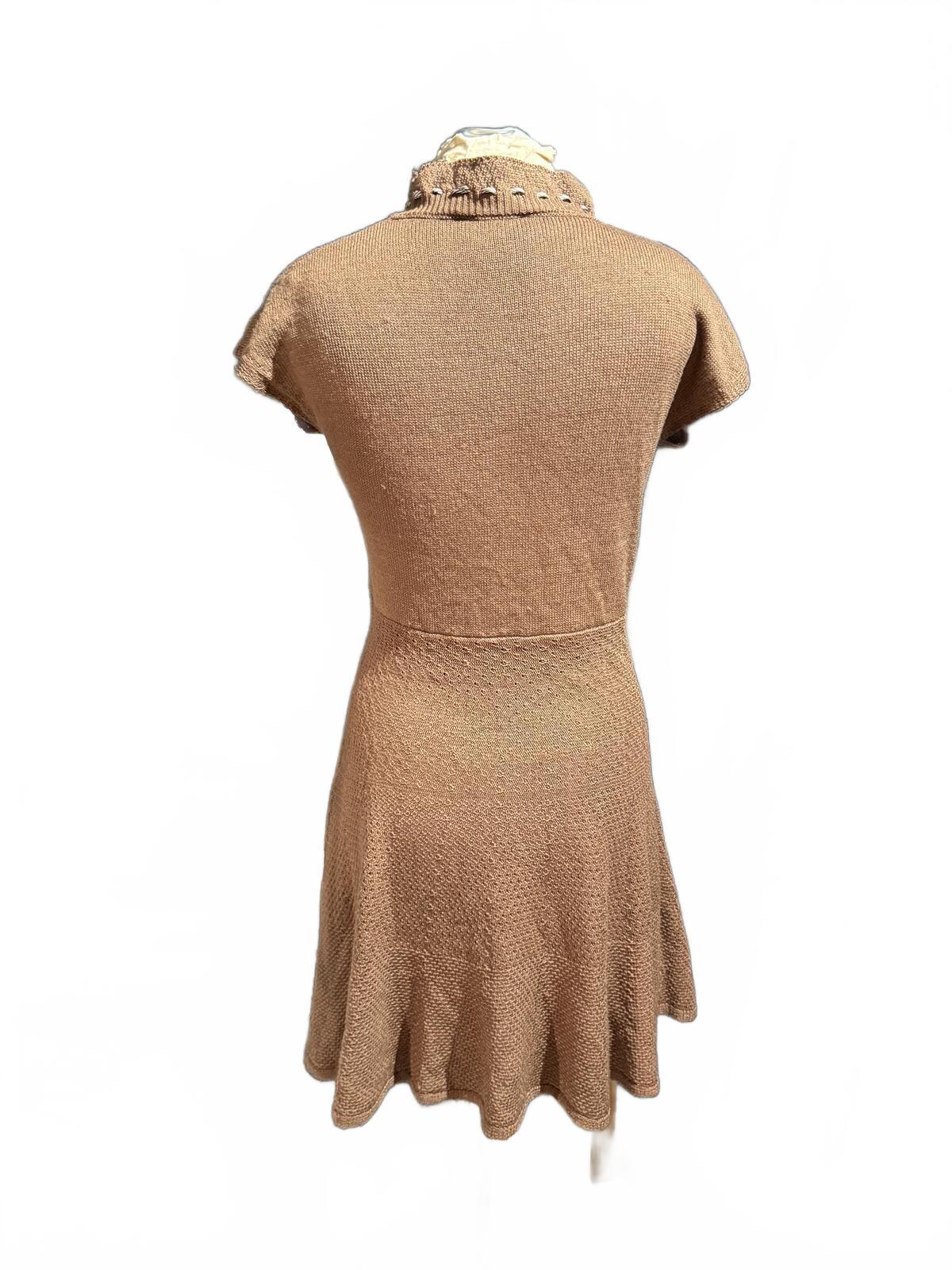 Rinascimento Brown Short Sleeve Knit Dress with Ruffled Collar