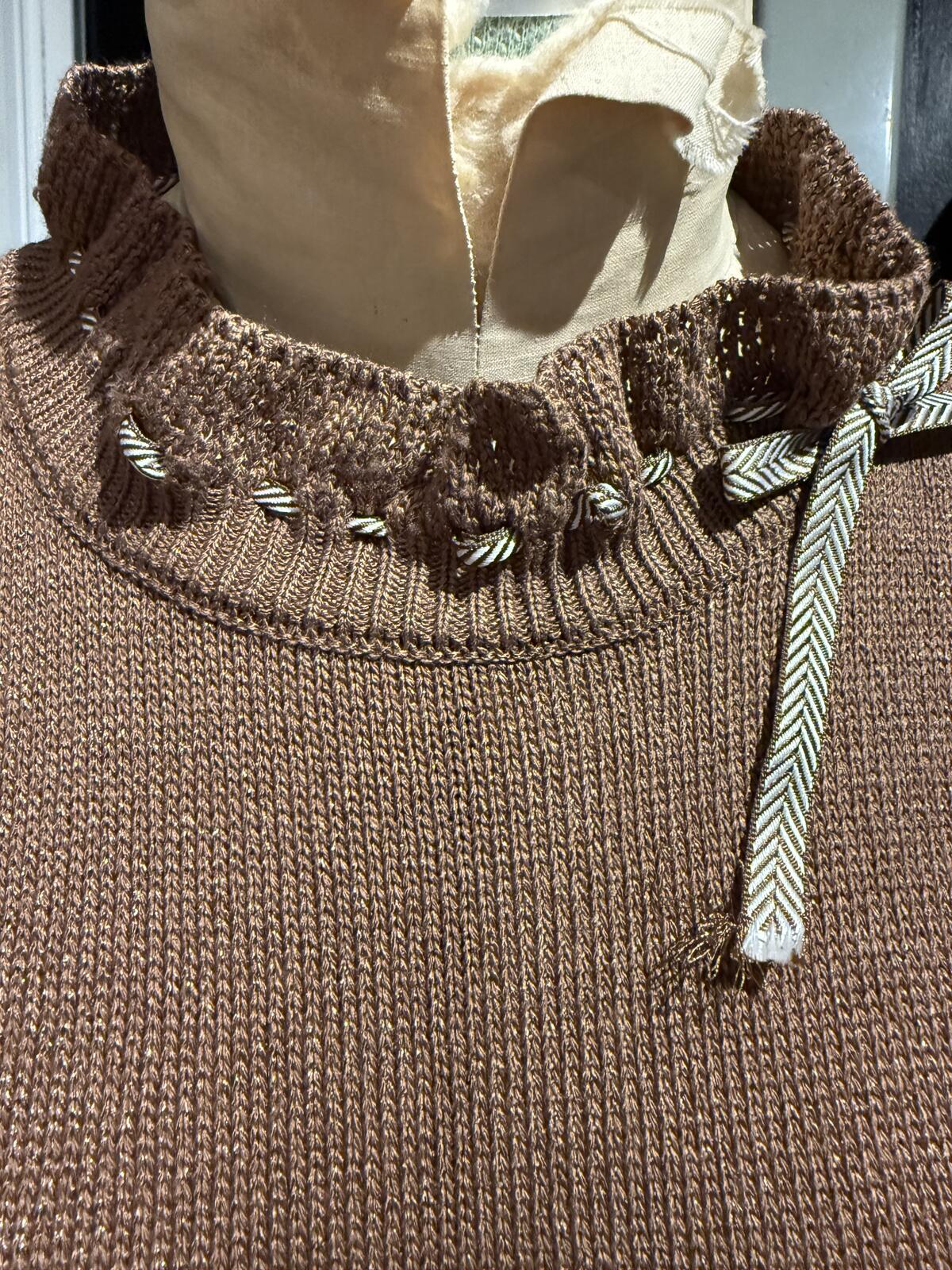 Rinascimento Brown Short Sleeve Knit Dress with Ruffled Collar