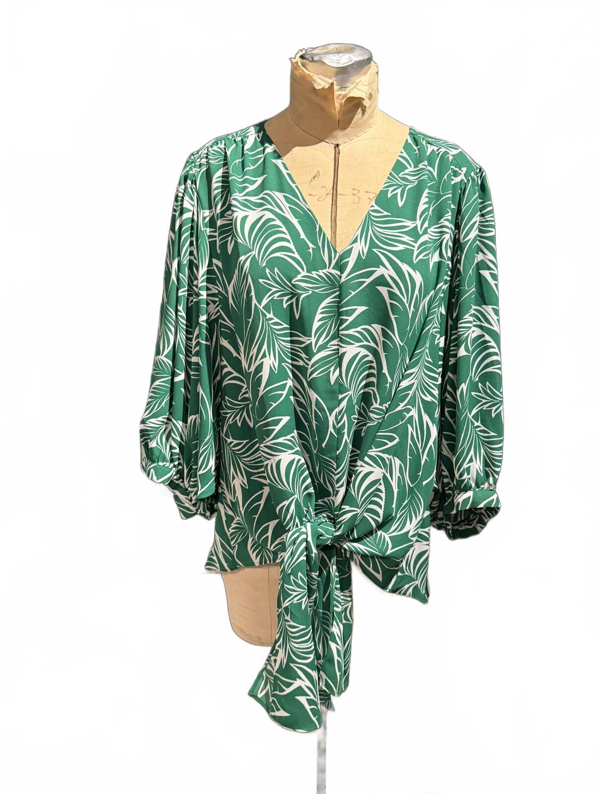Chico’s Green and White Leaf Print V-Neck Blouse with Tie Front