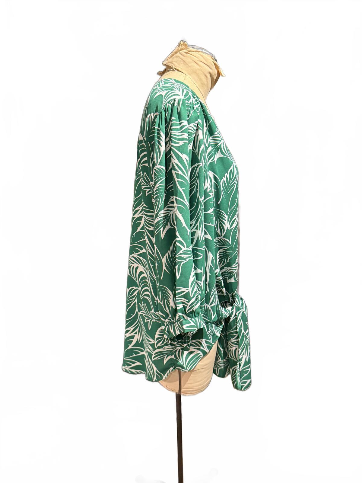 Chico’s Green and White Leaf Print V-Neck Blouse with Tie Front