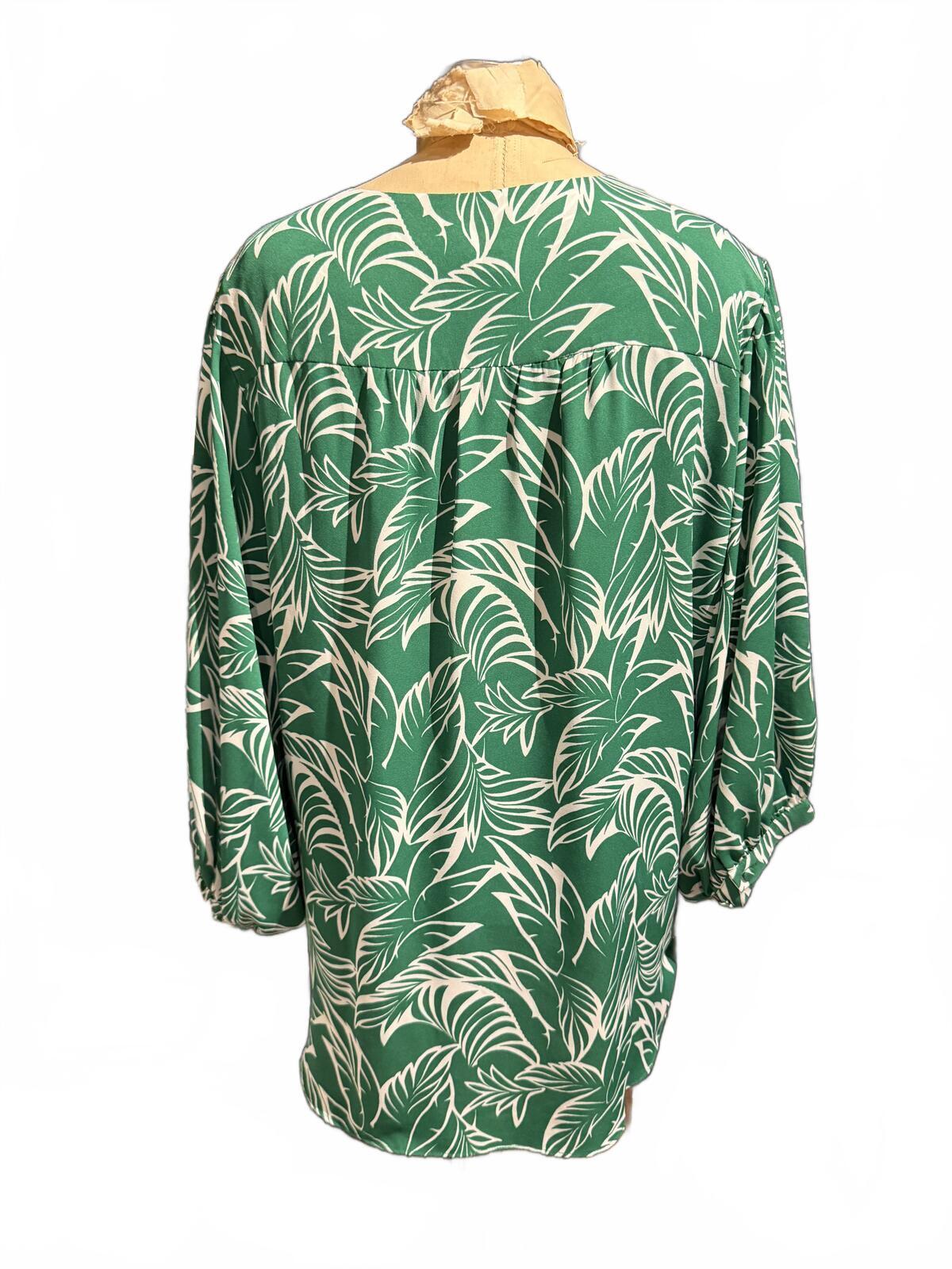 Chico’s Green and White Leaf Print V-Neck Blouse with Tie Front