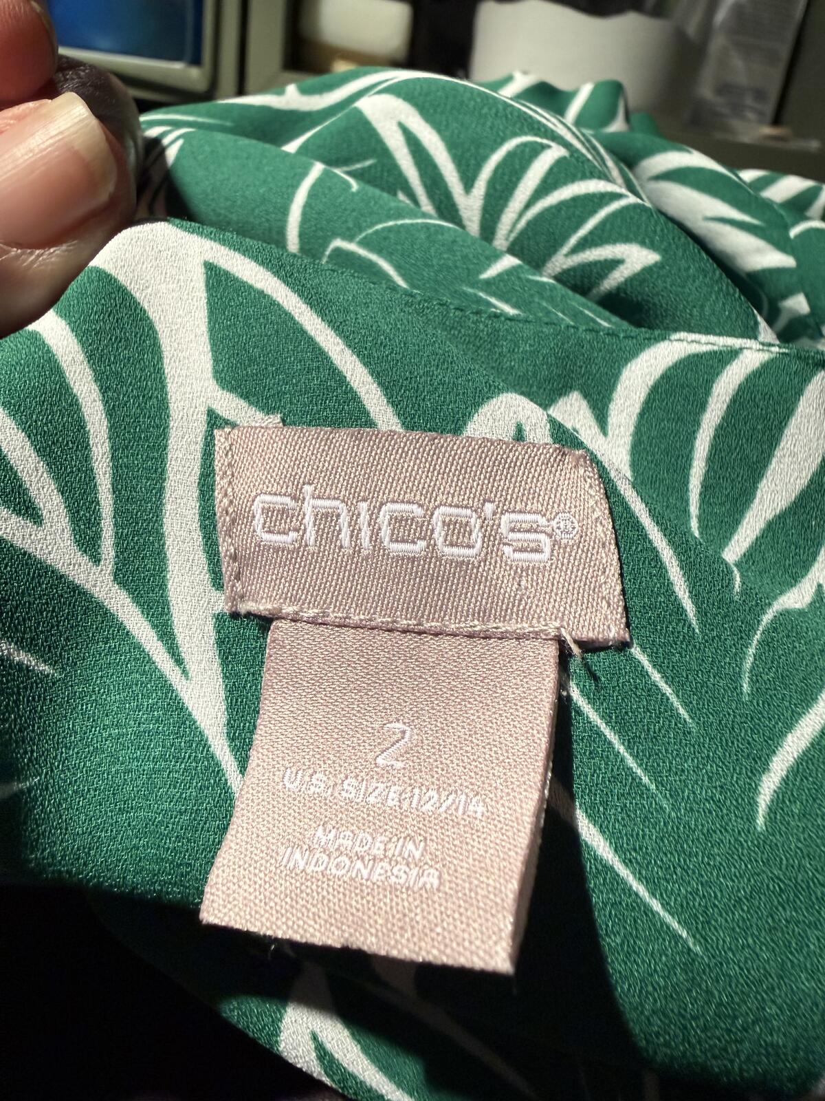 Chico’s Green and White Leaf Print V-Neck Blouse with Tie Front
