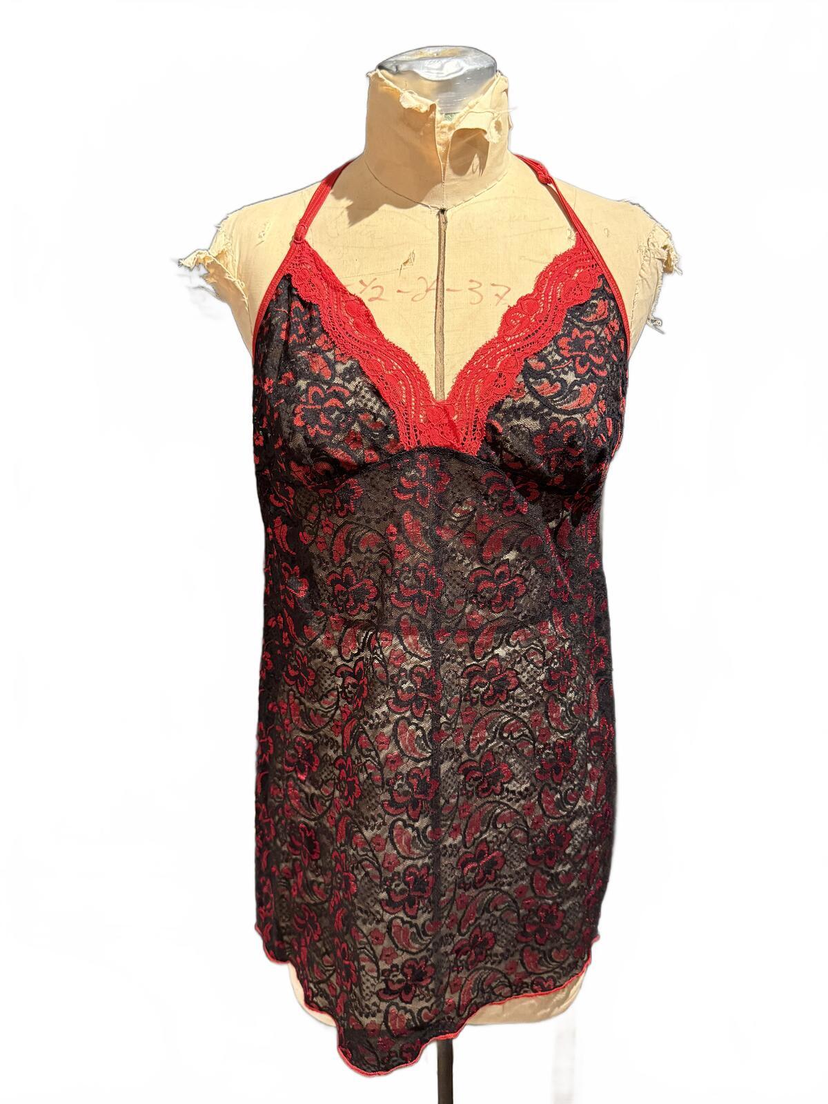 Linea Donatella Black and Red Lace Nightgown Slip Dress
