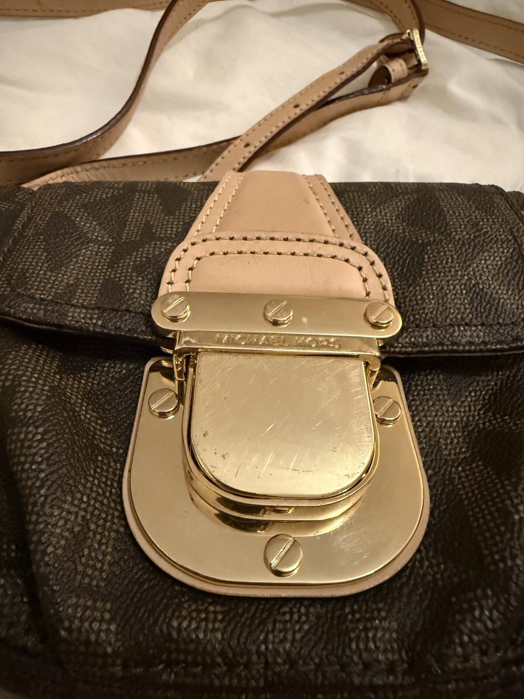 Michael Kors Brown Monogram Crossbody Bag with Gold Hardware
