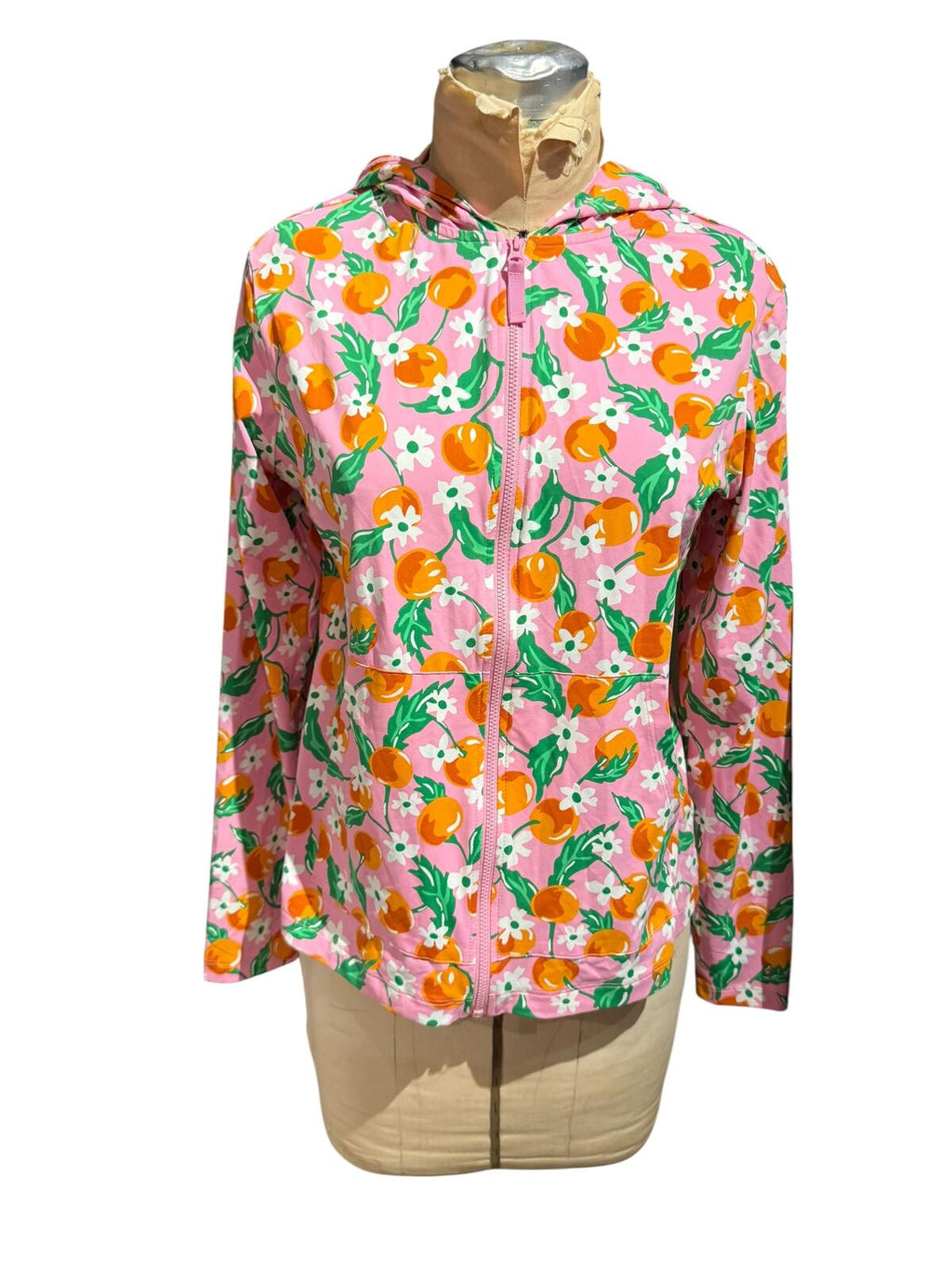 Draper James Pink Floral Zip-Up Hoodie with Orange Fruit Pattern